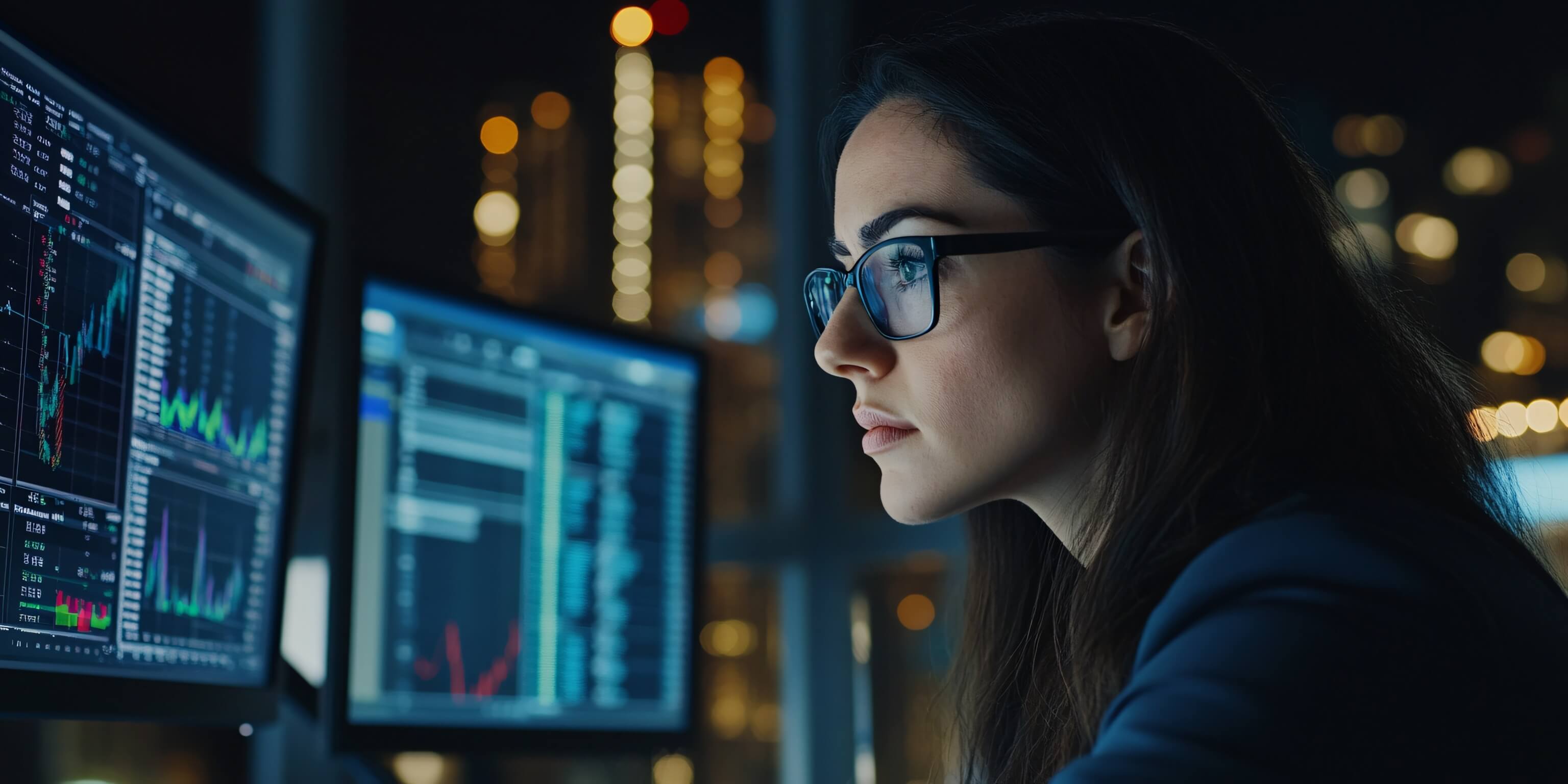 Mujer mirando datos en pantalla de ordenador