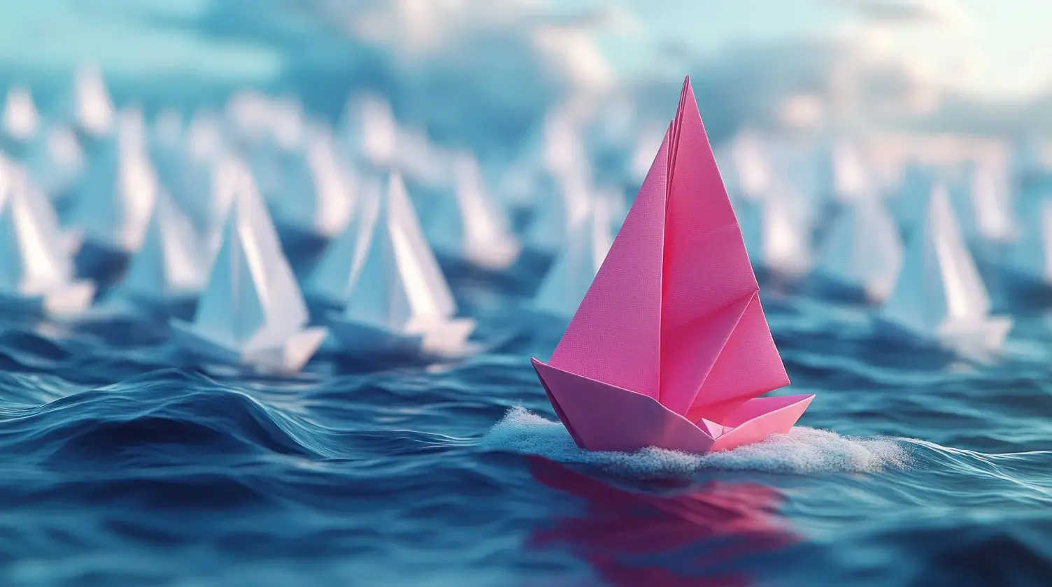 Barco de papel rosa en un grupo de barcos blancos.